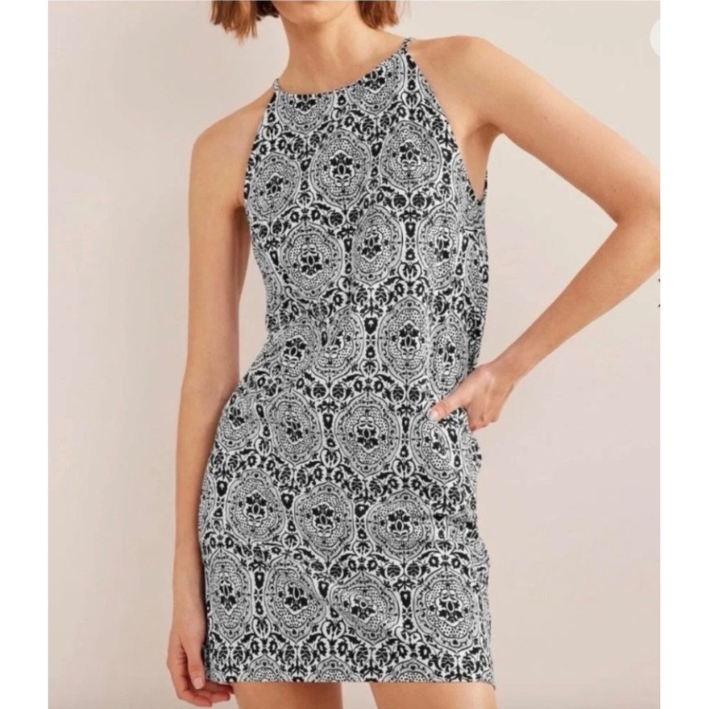 Boden Womens Halter Neck Mini Jersey Dress 12R Damask Print Black and White
